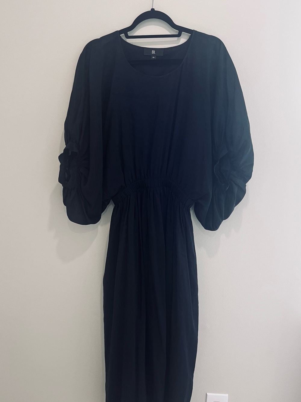 Banana Republic Black Puff-Sleeve Midi Dress with Gathered Waist